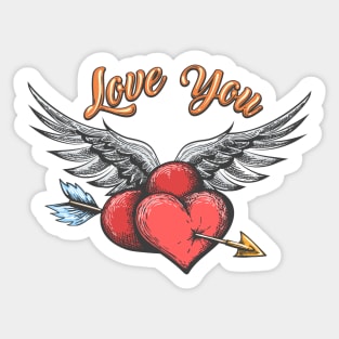 Winged Hearts Pierced by Arrow and lettering Love You drawn in tattoo style. Sticker